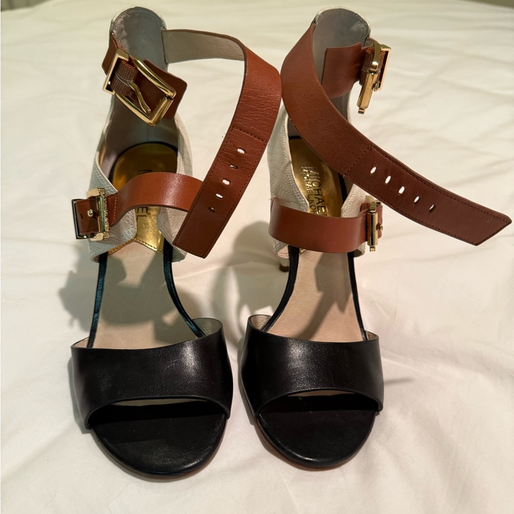 Michael Kors Black and Brown Block Heel Sandals